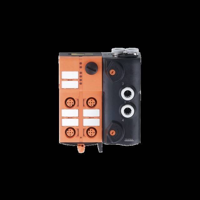 Ein industrielles Gerät mit orange und schwarzen Abschnitten, ausgestattet mit Tasten und Anschlüssen, das für Maschinensteuerung oder Automatisierung verwendet wird.