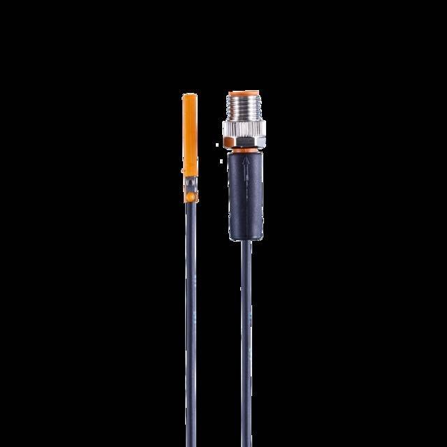 Bild eines orange-schwarzen zylindrischen elektronischen Sensors mit Kabeln, wahrscheinlich für industrielle Anwendungen oder Automatisierungssysteme.