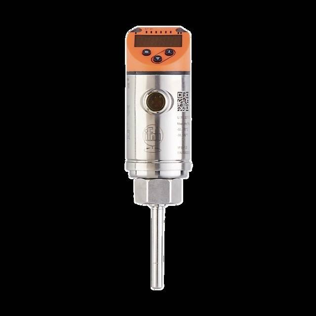 Ein silberner und orangefarbener industrieller Sensor mit digitalem Display und Steuerungstasten, der zur präzisen Temperaturmessung in Maschinen verwendet wird.