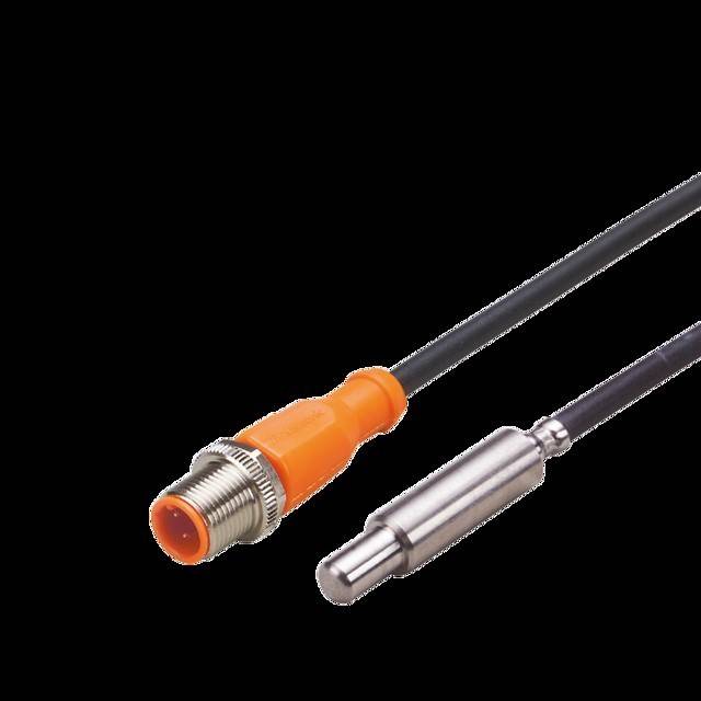 Ein Temperatursensor mit einem Kabel und einem orangefarbenen Anschluss. Der Sensor ist metallfarbig und für industrielle Temperaturmessanwendungen konzipiert.