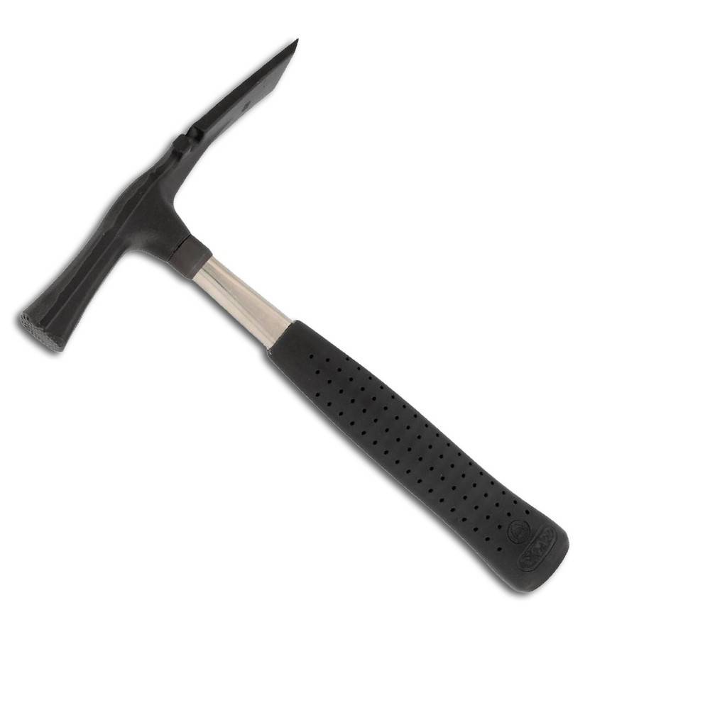 Ein schwarzer Spitzhammer mit spitzer Spitze und flacher Meißelkopf, gezeigt auf weißem Hintergrund.