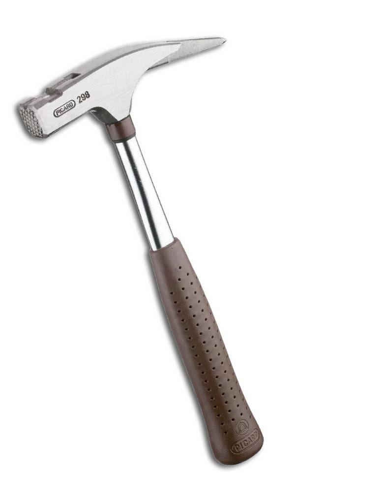 Ein Klauenhammer mit silbernem Metallkopf und braunem strukturiertem Griff auf weißem Hintergrund.