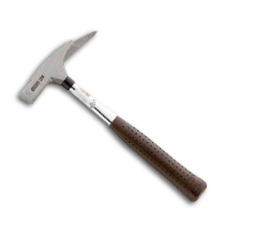 Ein kleiner Hammer mit einem Metallkopf und braunem strukturiertem Griff auf einfachem weißem Hintergrund.