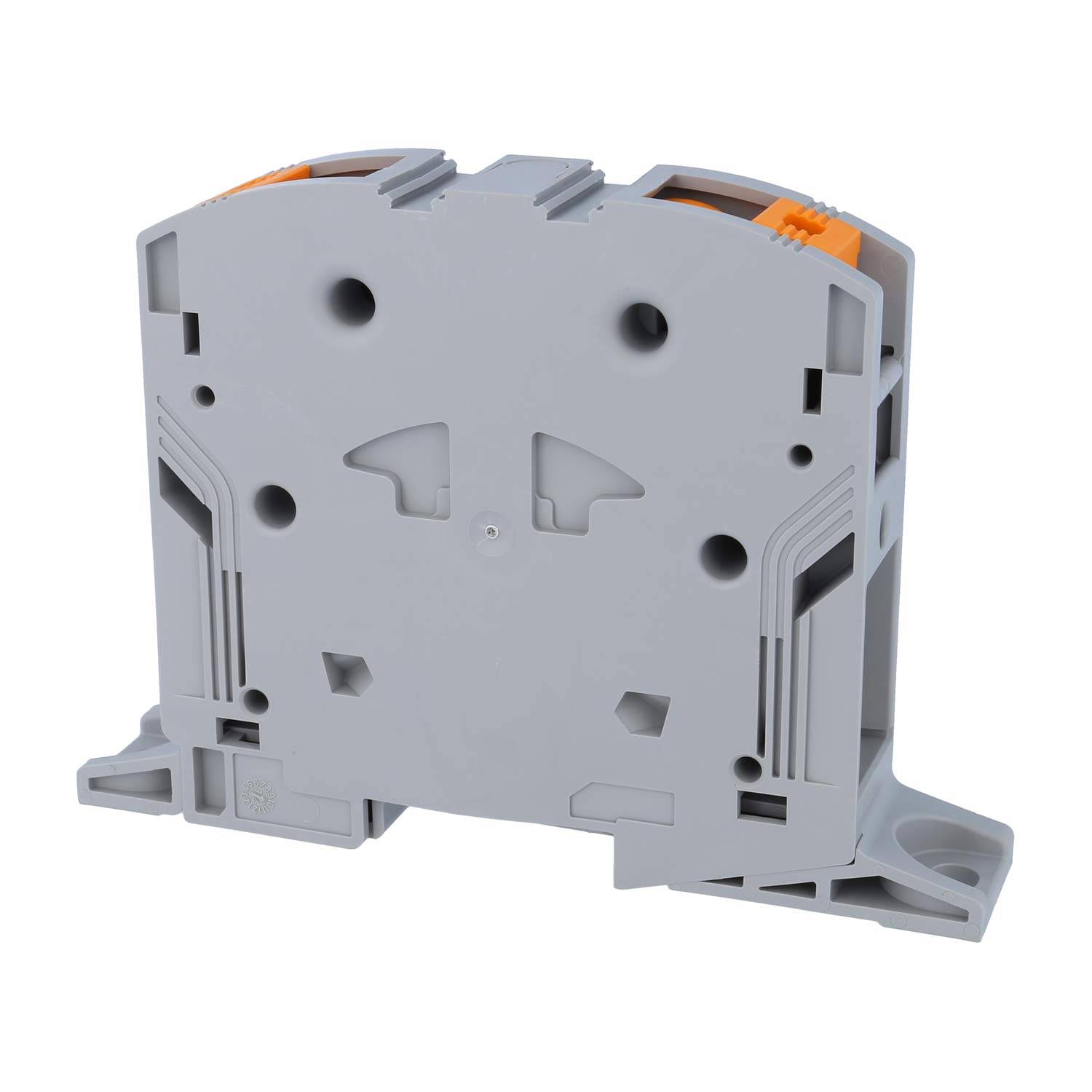 Grauer elektrischer Klemmblock mit Montagebasis.