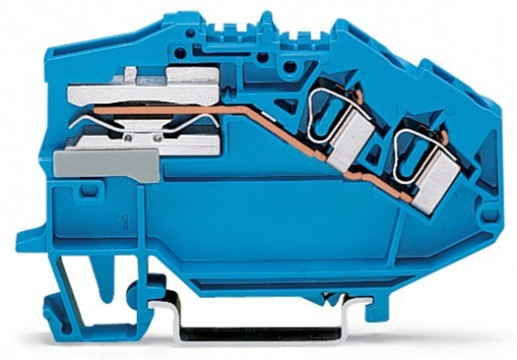 Querschnitt eines blauen Terminals mit Darstellung der Innenkomponenten, einschließlich Metallverbindungen und Isoliermaterial.