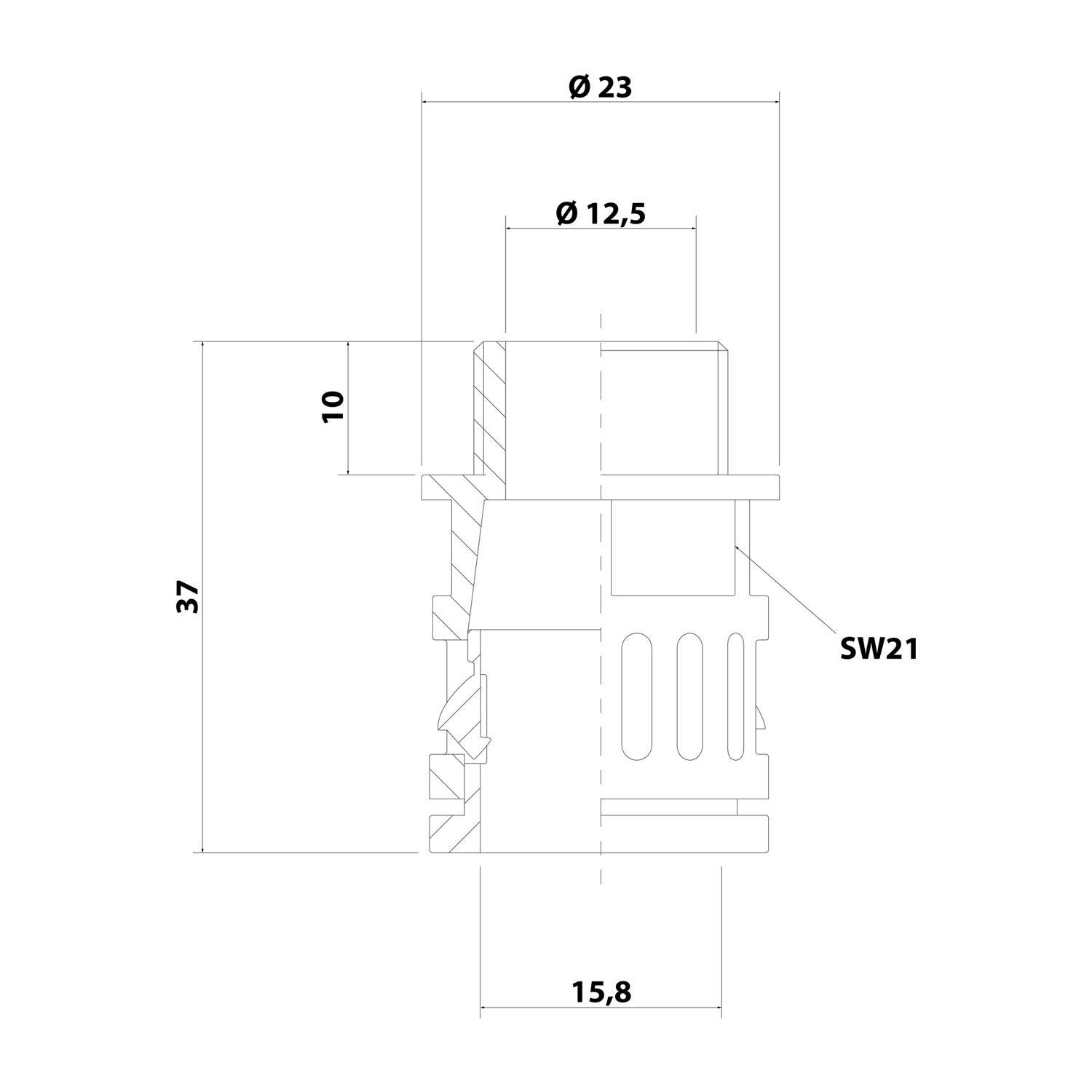 Technische Zeichnung mit Abmessungen eines zylindrischen Bauteils mit Durchmessern Ø 23 und Ø 12,5, Höhe 37 und Tiefe 15,8, mit der Kennzeichnung SW21.