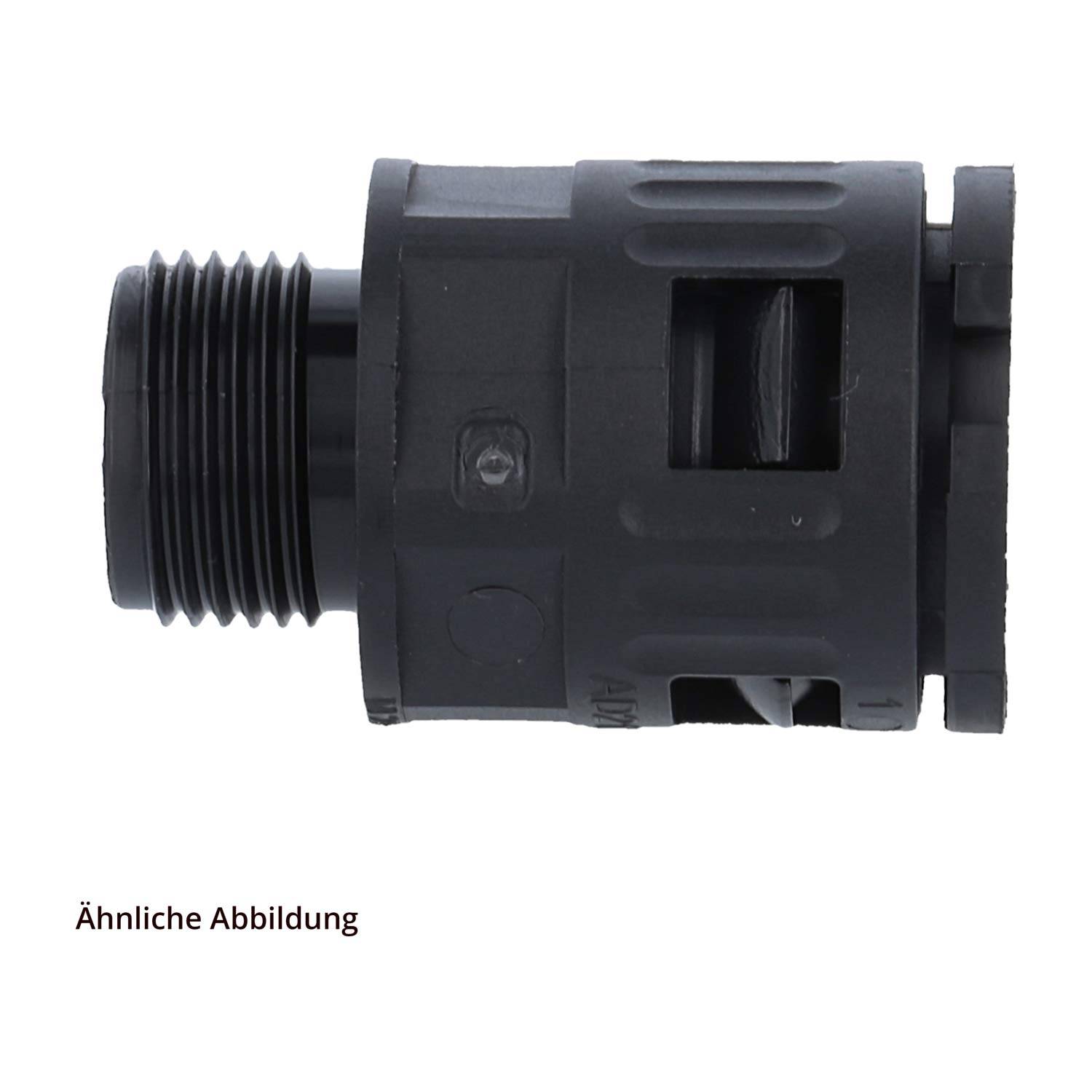 Ein schwarzer zylindrischer Stecker mit Gewinde am Ende und rechteckigen Öffnungen an der Seite, geeignet für mechanische oder Sanitäranwendungen.