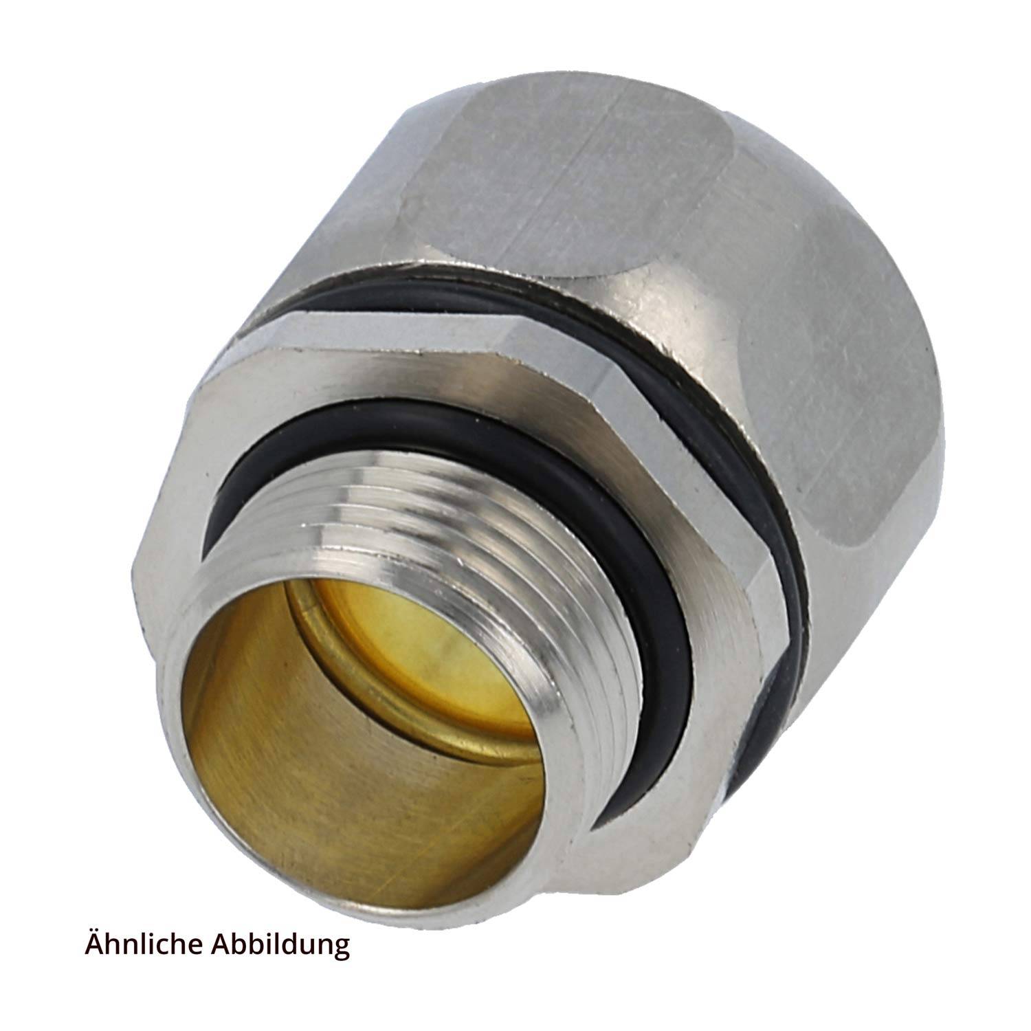 Ein Metallkabelwinde mit Gewinde, Gummidichtung und Bolzen, verwendet zum Sichern von Kabeln an einem Gerät oder einer Platte.