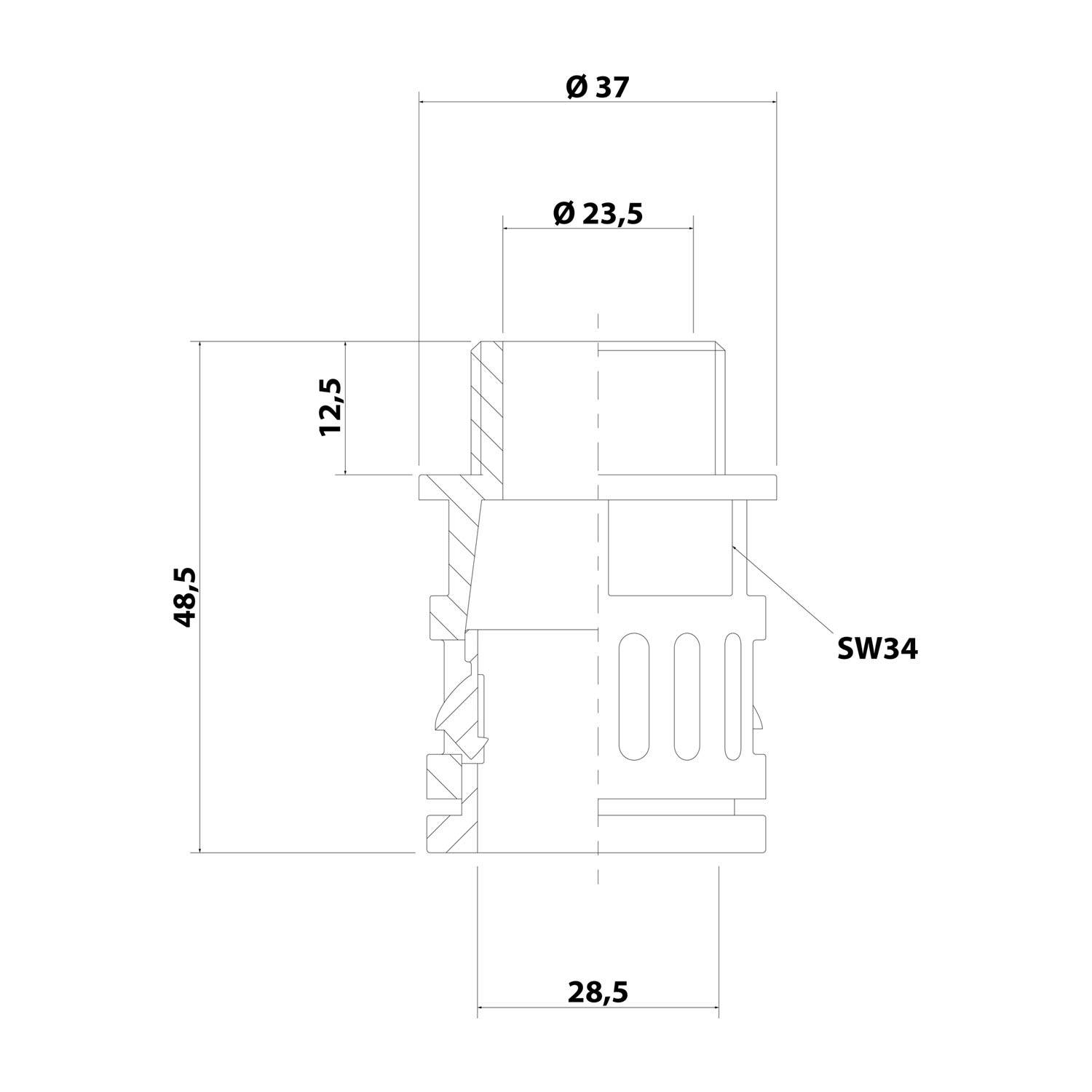 Eine technische Zeichnung zeigt eine Komponente mit folgenden Abmessungen: Gesamthöhe 48,5 mm, oberer Durchmesser 37 mm, Innendurchmesser 23,5 mm und Breite mit der Bezeichnung SW34.