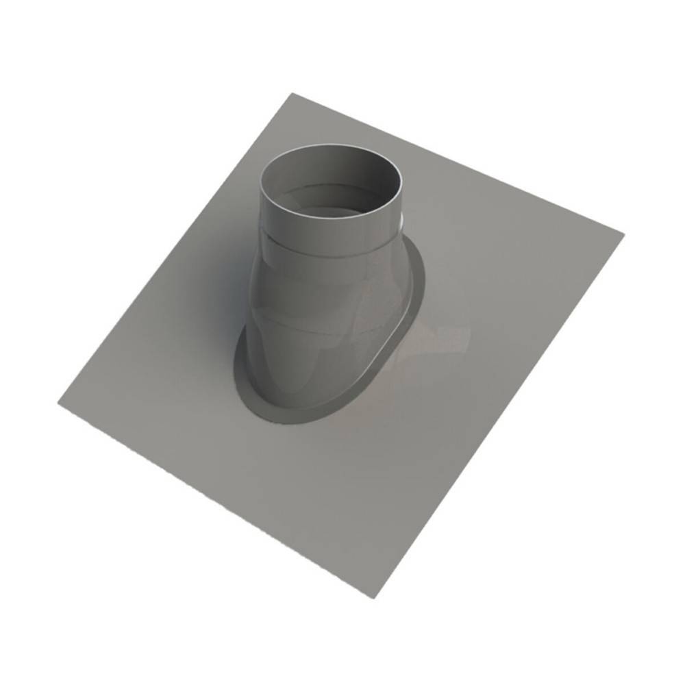 3D-gerendertes Metall-Dachentlüftungsrohr auf quadratischer Blendung, von oben auf einfachem weißem Hintergrund dargestellt.