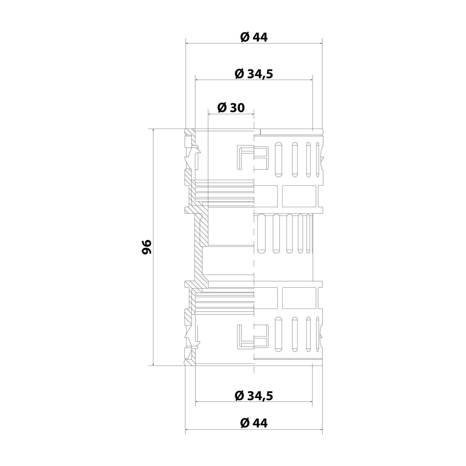 Technische Zeichnung eines zylindrischen Bauteils mit folgenden Abmessungen: Durchmesser 44, Innendurchmesser 34,5, Höhe 96. Merkmale sind Nuten und innere Abmessungen.