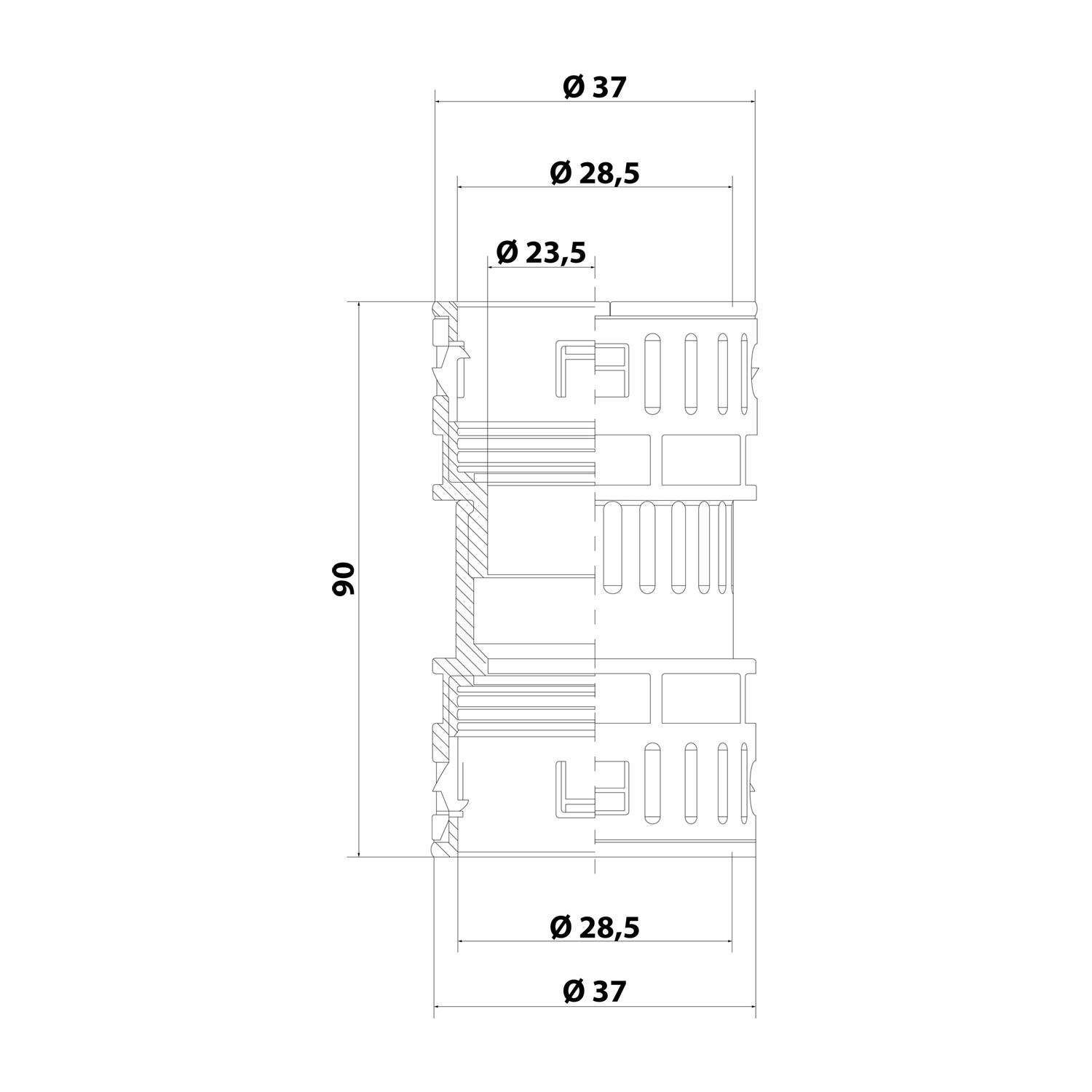 „Querschnittsdiagramm eines zylindrischen Objekts mit Abmessungen: Außendurchmesser 37, Innendurchmesser 28,5, Schnittdurchmesser 23,5. Höhe 90.