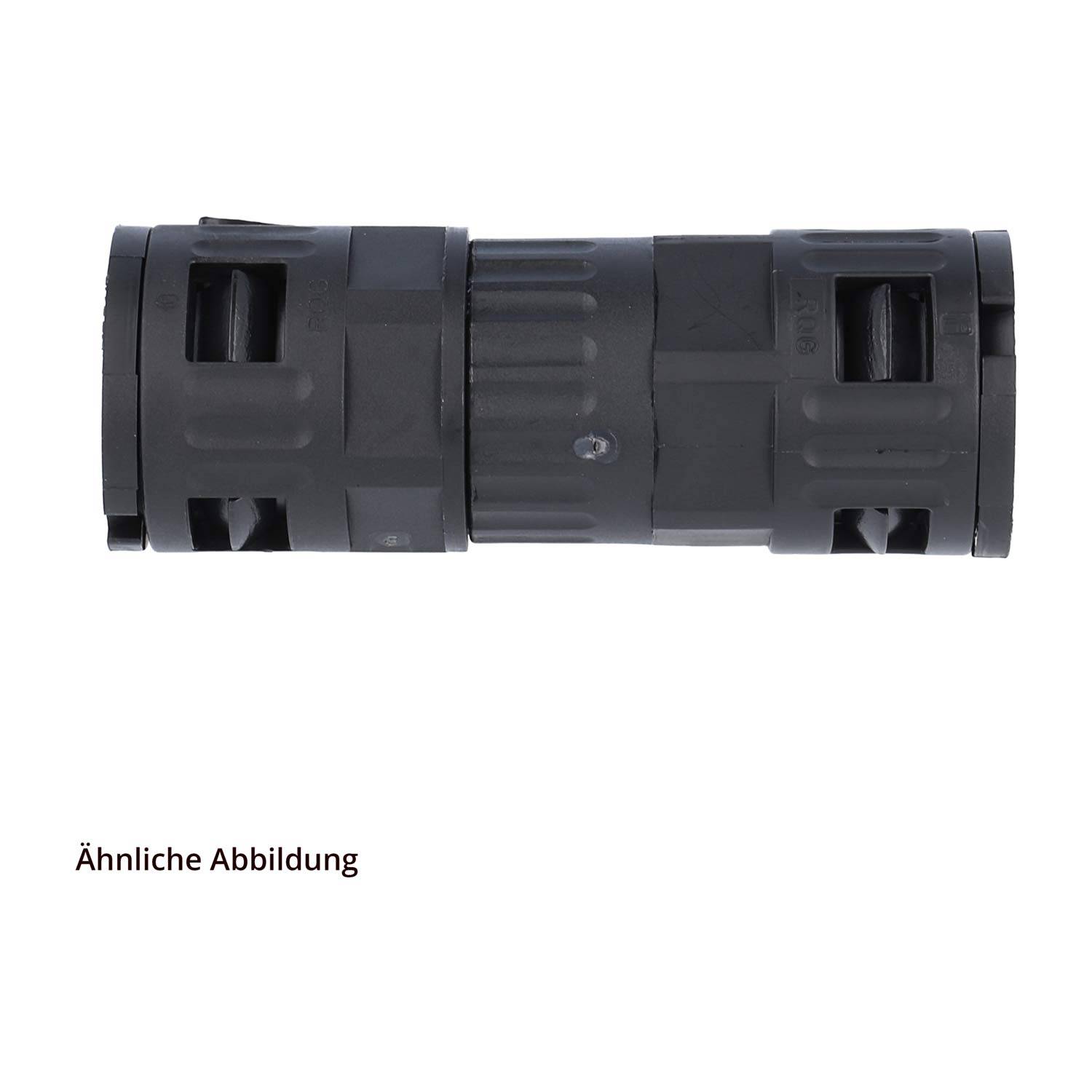Ein zylindrischer schwarzer Stecker mit zwei Abschnitten, von denen jeder symmetrische rechteckige Öffnungen aufweist. Der Text „Ähnliche Abbildung