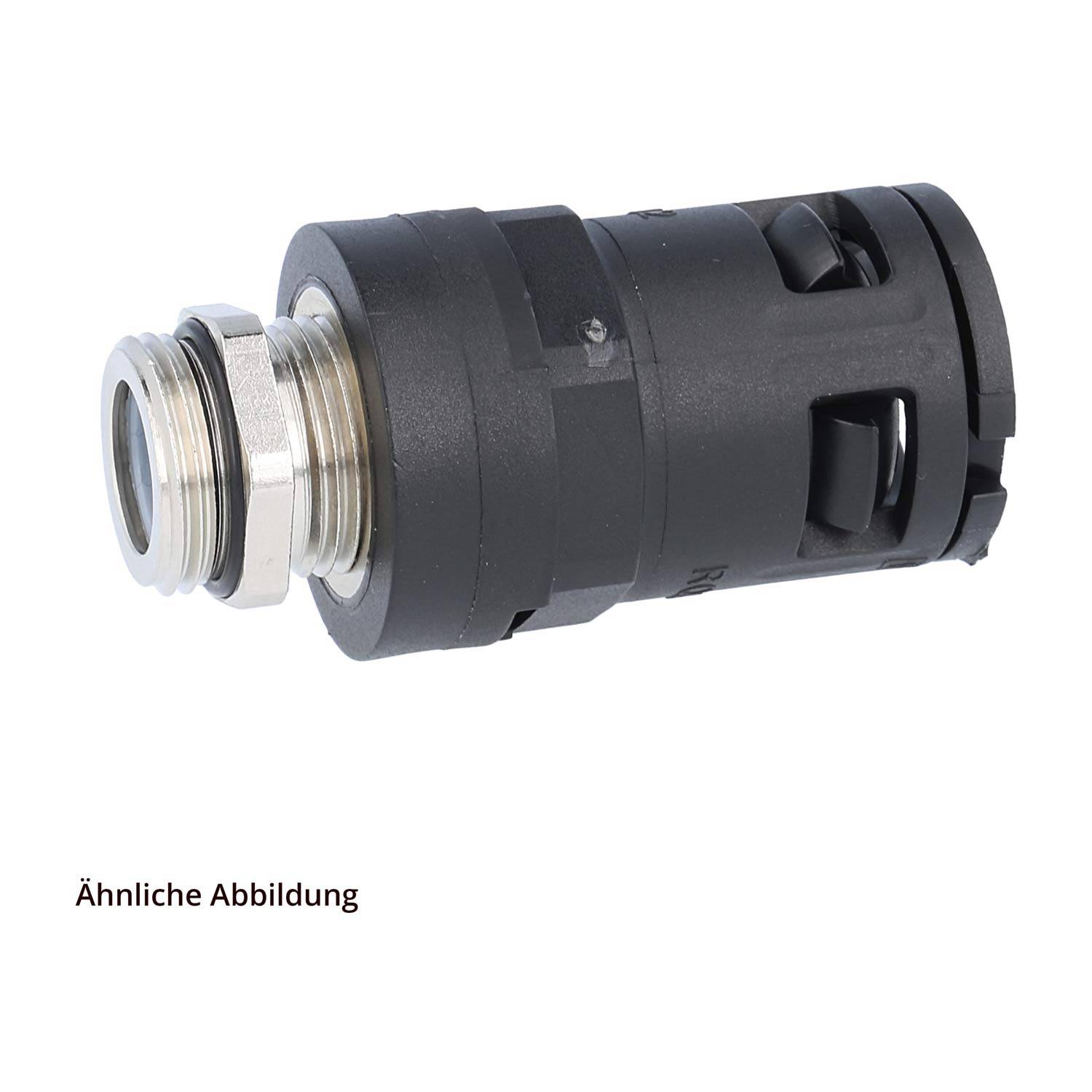 Ein Metall- und schwarzes Kunststoffzylinder-Bauteil mit Gewindelende, das an einen Stecker oder eine Verschraubung erinnert. Der deutsche Text lautet „Ähnliche Abbildung