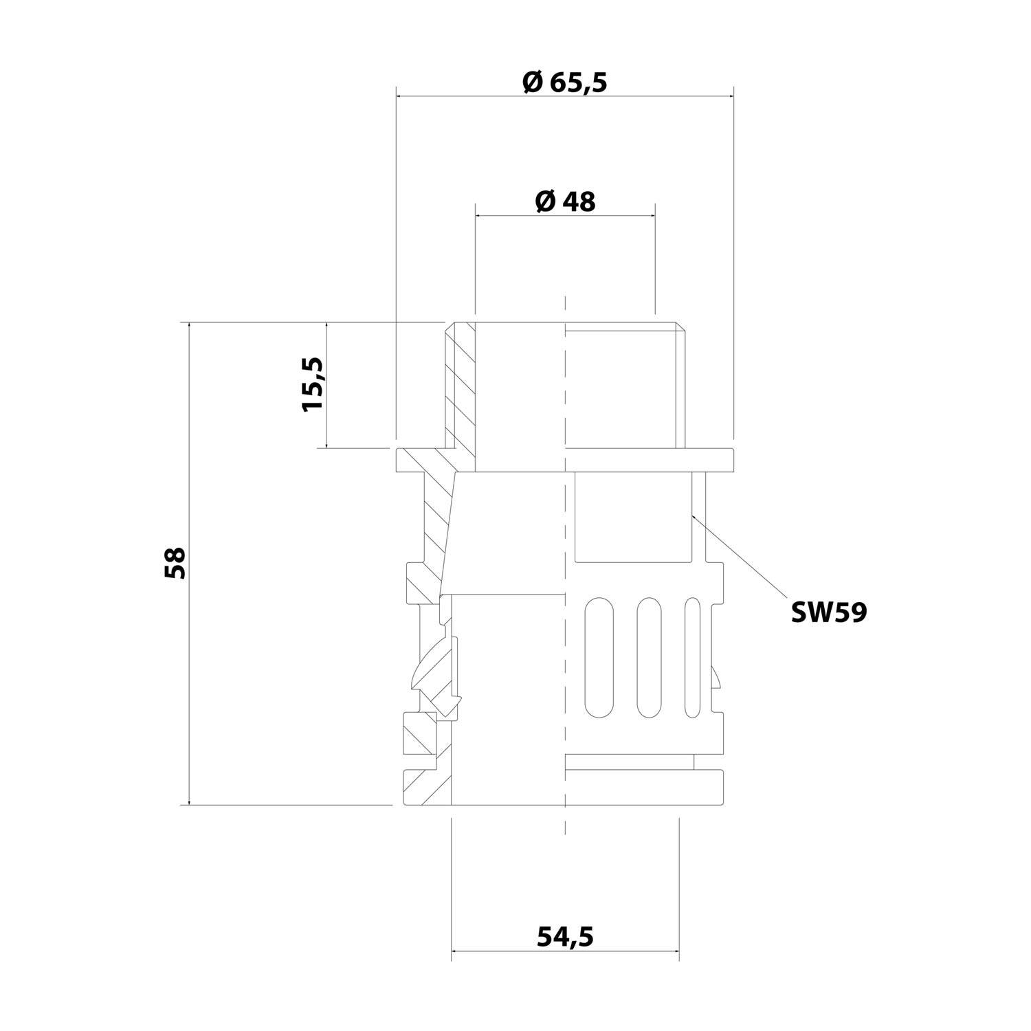 Technische Zeichnung eines zylindrischen Bauteils mit Abmessungen: Gesamthöhe 58 mm, Außendurchmesser 65,5 mm, Innendurchmesser 48 mm und weiteren gekennzeichneten Messungen.