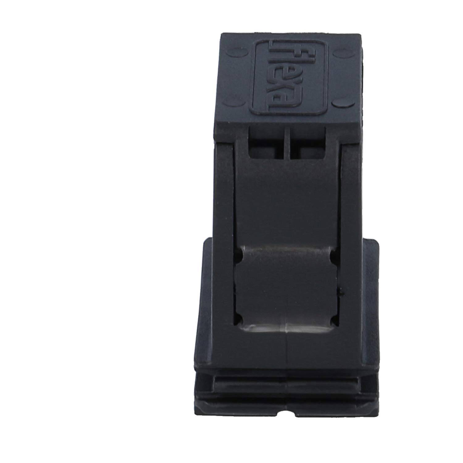 Eine schwarze Kunststoffklemme mit Scharnier, die zum Halten oder Organisieren von Kabeln entwickelt wurde.