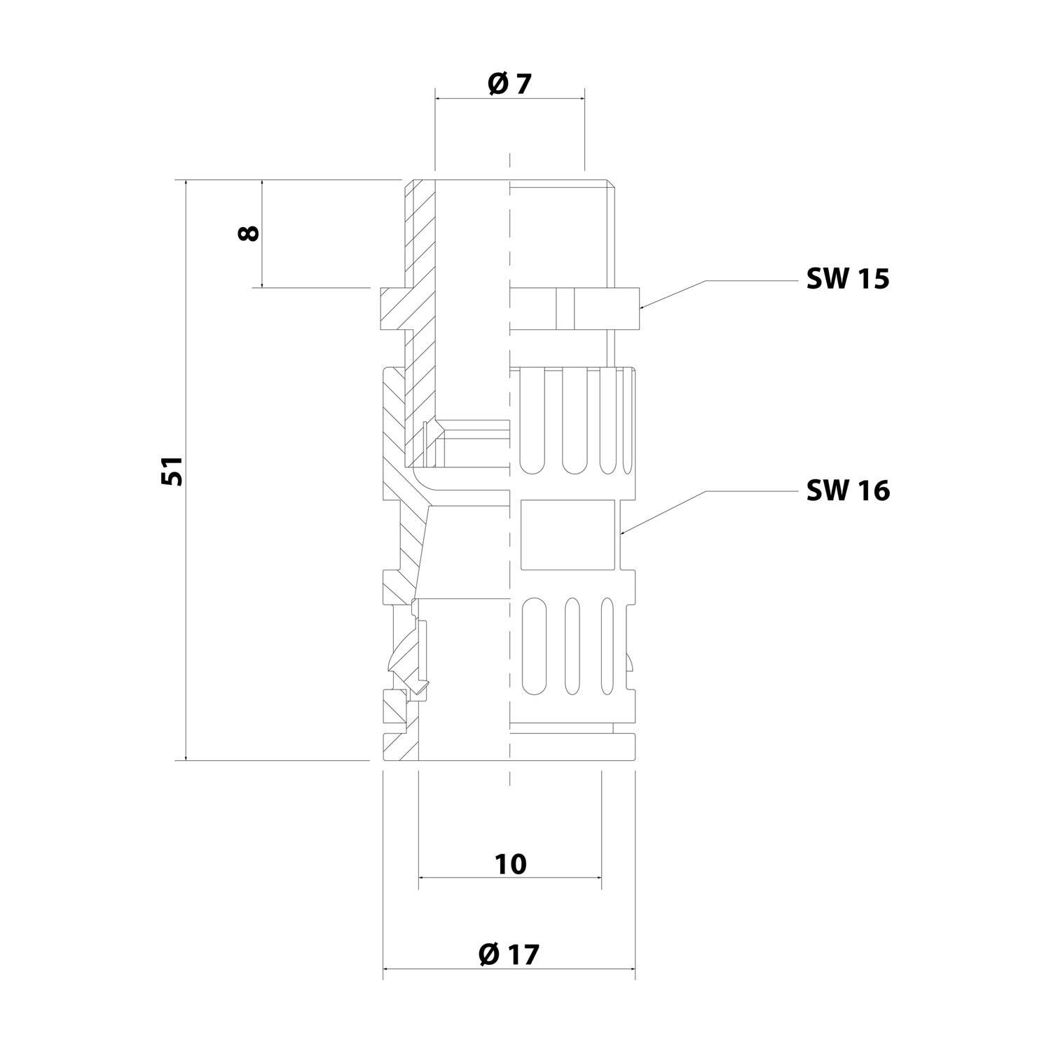 Technische Zeichnung eines zylindrischen Objekts mit gekennzeichneten Abmessungen: Länge von 51mm, Durchmesser von 7mm und 17mm, beschriftete Abschnitte SW 15 und SW 16.