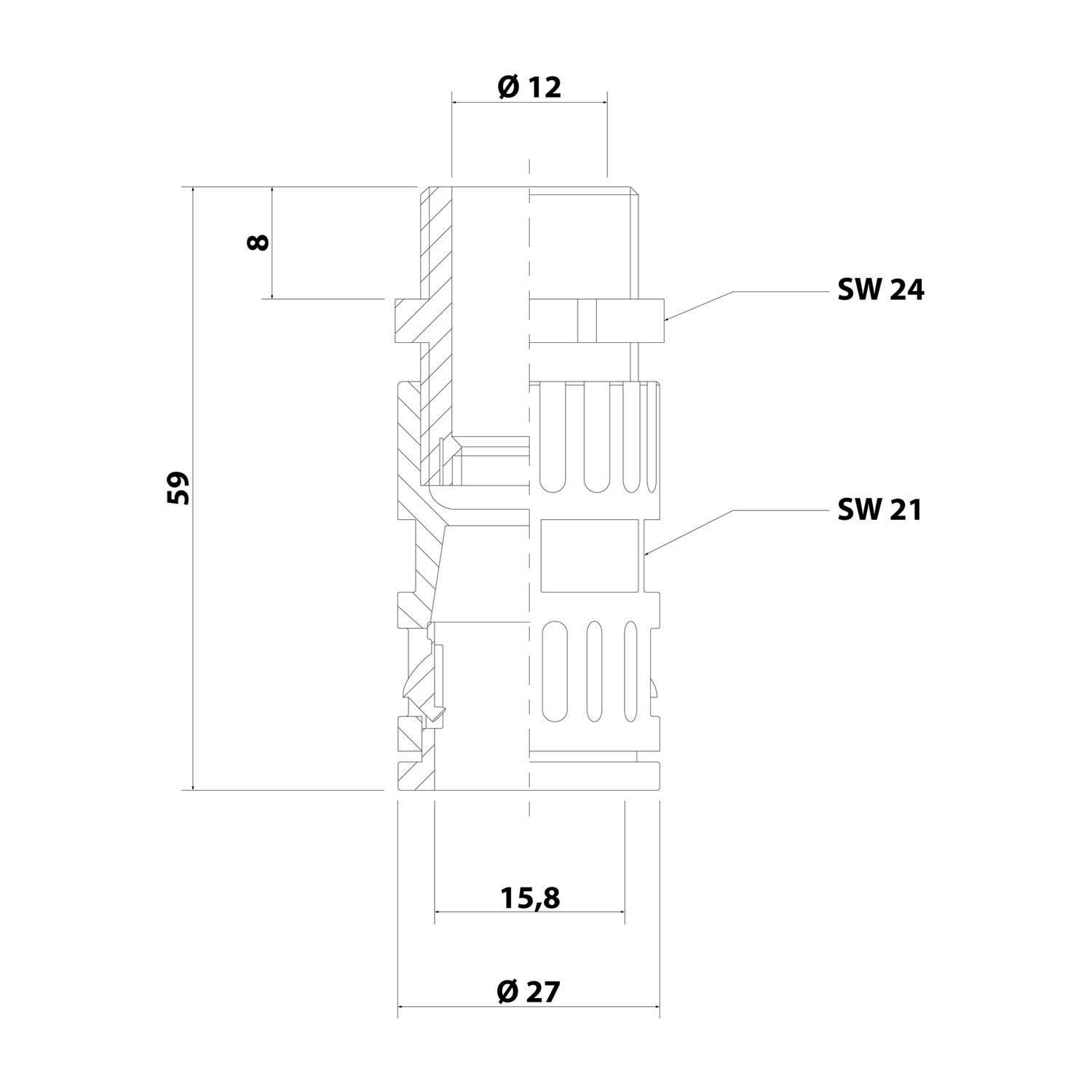 Technische Zeichnung eines zylindrischen Bauteils mit Abmessungen: Gesamthöhe 59 mm, Außendurchmesser 12 mm und 27 mm, Schlüsselweiten SW 24 und SW 21.