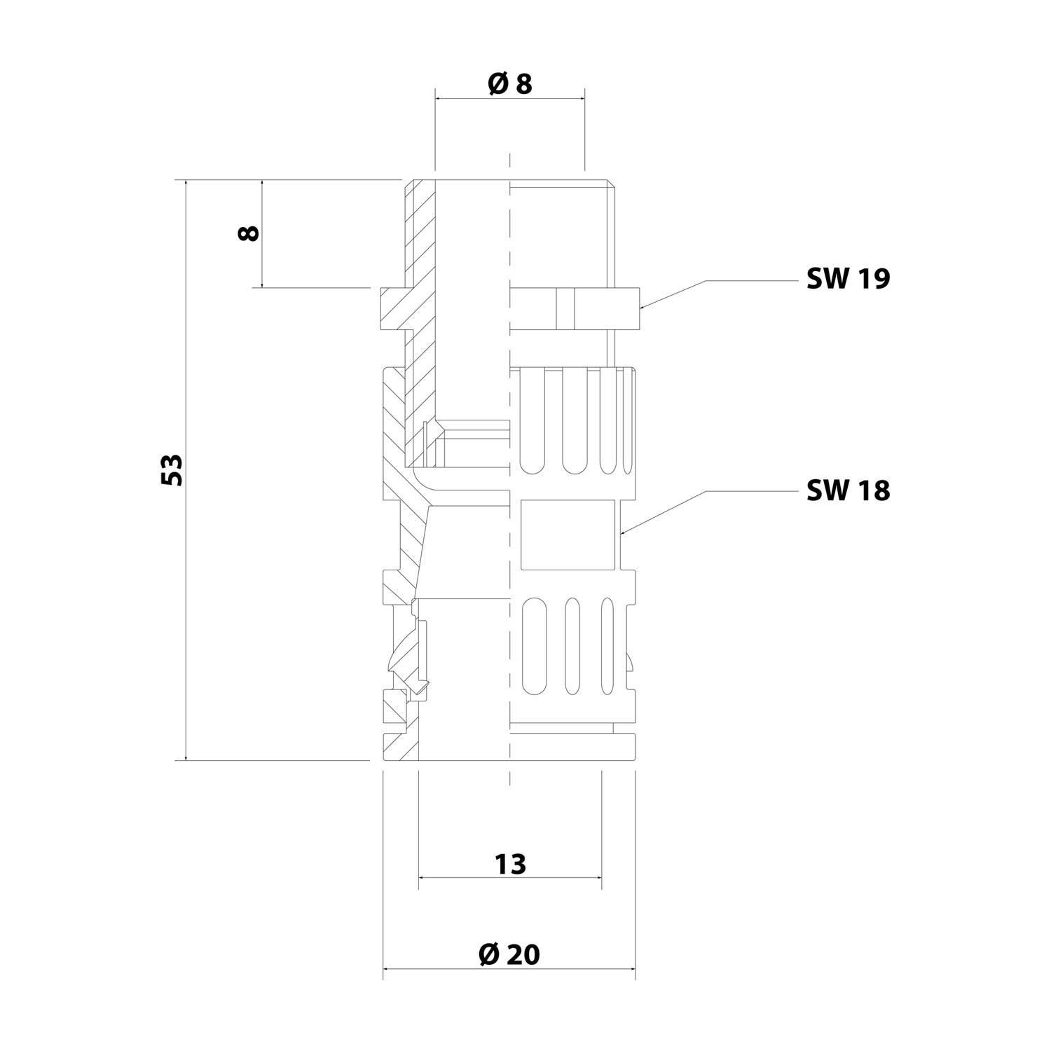 Eine technische Zeichnung einer zylindrischen mechanischen Komponente mit den Abmessungen: 53mm Höhe, 8mm oberer Durchmesser, 20mm unterer Durchmesser, gekennzeichnet mit 