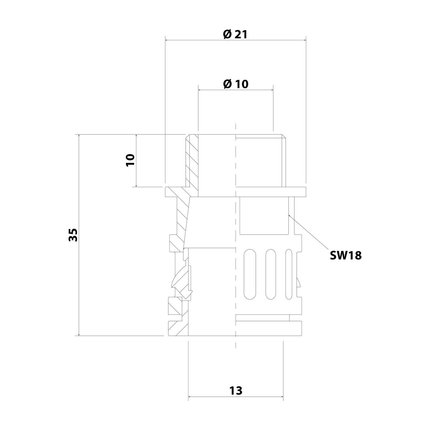 Technische Zeichnung einer mechanischen Komponente mit Abmessungen: Ø21, Ø10, Höhe 35 mm, Breite 13 mm, gekennzeichnet mit SW18, mit Schnittansichten.