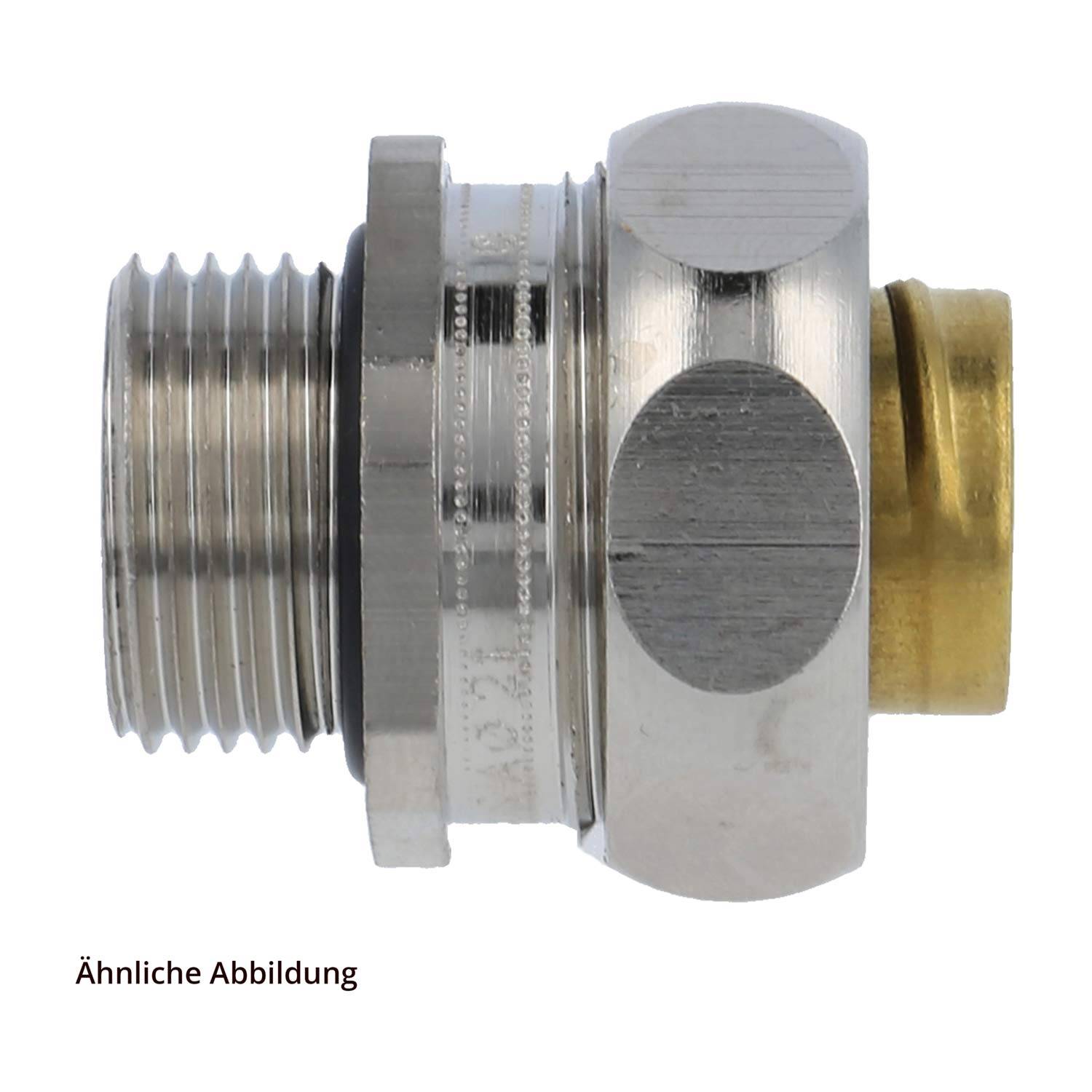 Metallgewindeverbinder mit sechseckigem Griff und Messingeinsatz, wahrscheinlich für Sanitär- oder industrielle Anwendungen verwendet.