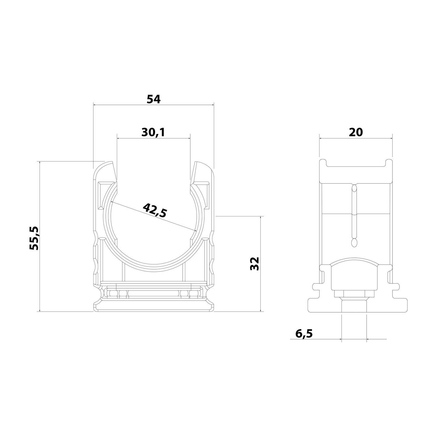 Technische Zeichnung einer zylindrischen Komponente mit Abmessungen: Durchmesser 42,5 mm, Höhe 55,5 mm, Breite 54 mm, Tiefe 20 mm, Basis 6,5 mm.