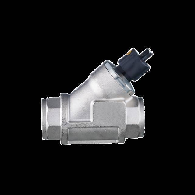 Ein metallisches Ventil mit einem zylindrischen Körper und einer abgewinkelten Anschlussverbindung. Es verfügt über einen kleinen Einstellknopf oben, der auf eine Steuerungsfunktionalität hinweist.