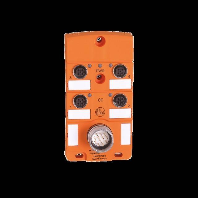 Ein orangefarbenes elektronisches Gerät mit mehreren kreisförmigen Anschlüssen, beschriftet mit 'PWR' und 'ifm', das für industrielle Anwendungen oder Konnektivität verwendet wird.
