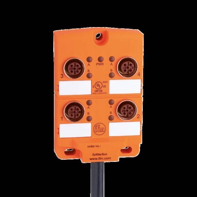 Eine orange-weiße elektronische Komponente mit vier kreisförmigen Anschlüssen, von 1 bis 4 beschriftet. Text beinhaltet 'PWR', 'US LISTED' und Modeldetails.