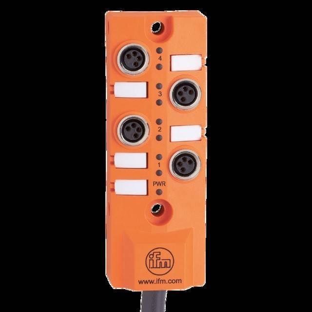 Ein orange-weißer IFM electronic Anschlussblock mit vier Steckplätzen und sichtbaren 'PWR' und nummerierten Bezeichnungen von 0 bis 4.