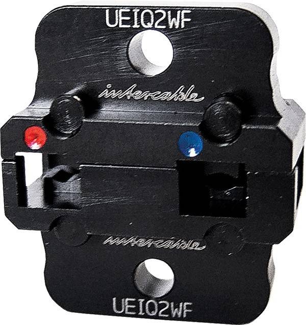 Crimpwerkzeug-Einsatz mit farbcodierten Anzeigen für Drahtgrößen, beschriftet mit 'UEIQ2WF', der Rillen für sichere elektrische Verbindungen zeigt.