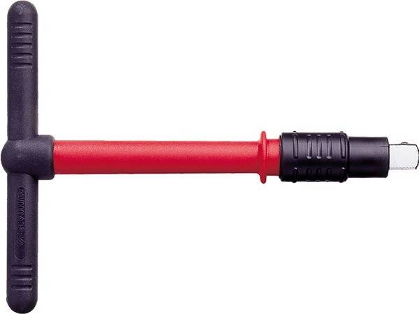 Eine rote elektrische Prüfspitze mit einem schwarzen isolierten Griff wird gezeigt.