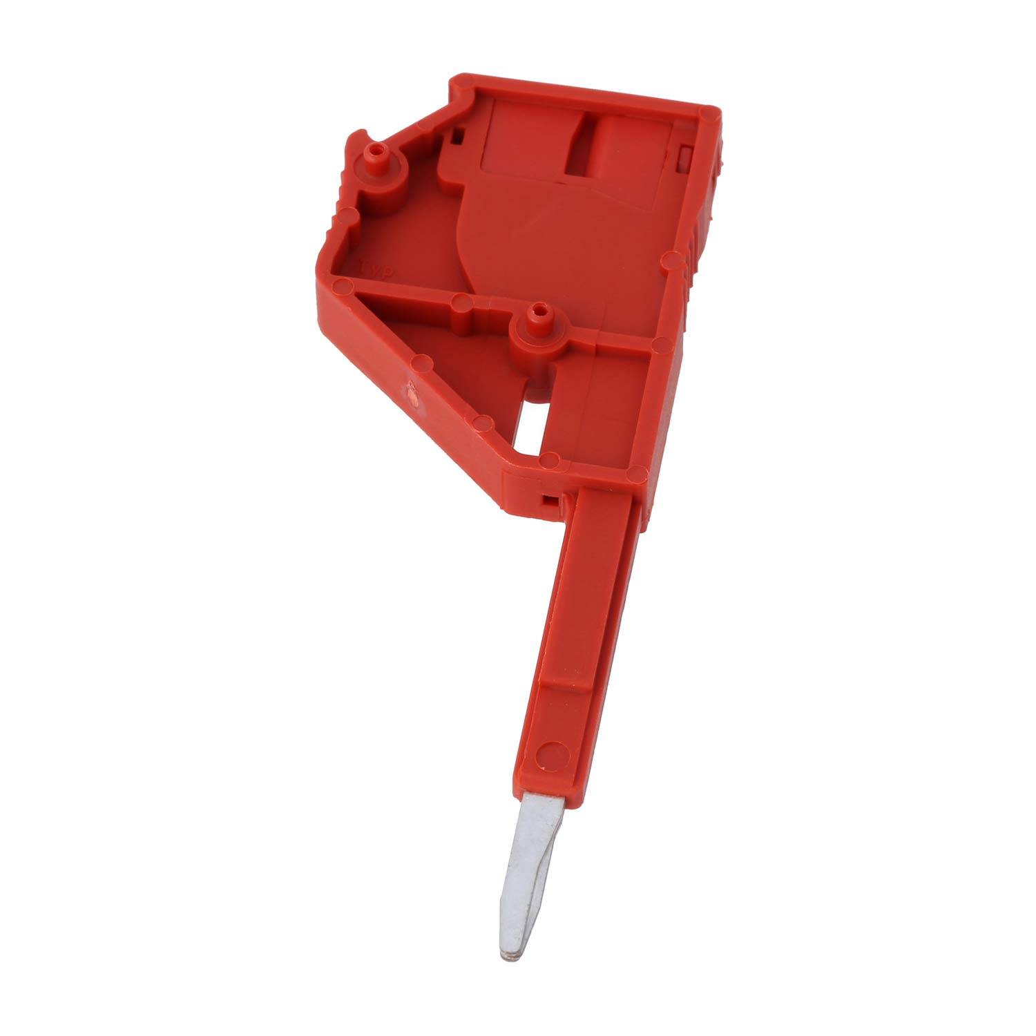 Rotes Kunststoffgehäuse mit einer hervorstehenden Metallspitze, normalerweise als Ersatzteil für einen Tonabnehmer eines Plattenspielers verwendet.