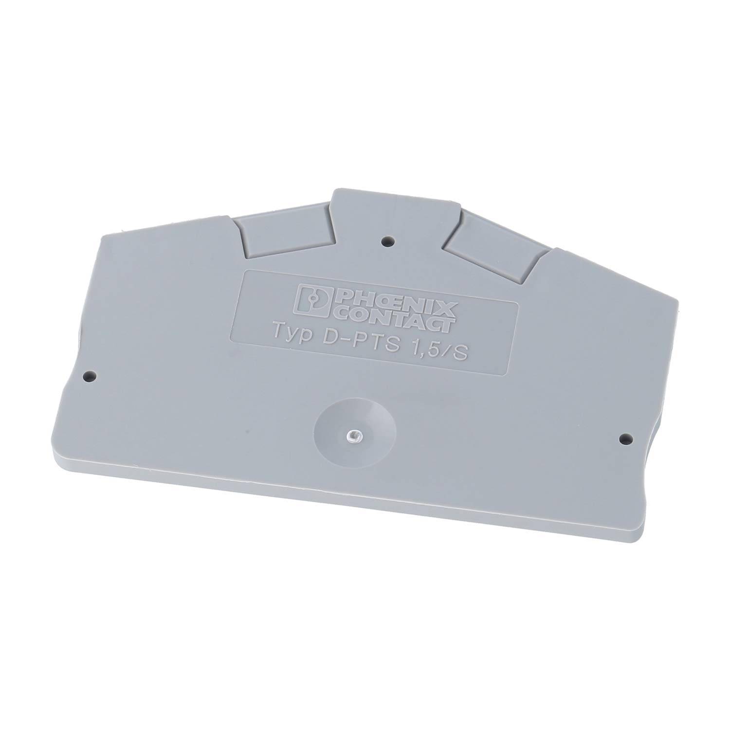 Eine graue Kunststoffklemmenleistenabdeckung mit der Bezeichnung „PHOENIX CONTACT Typ D-PTS 1.5/S