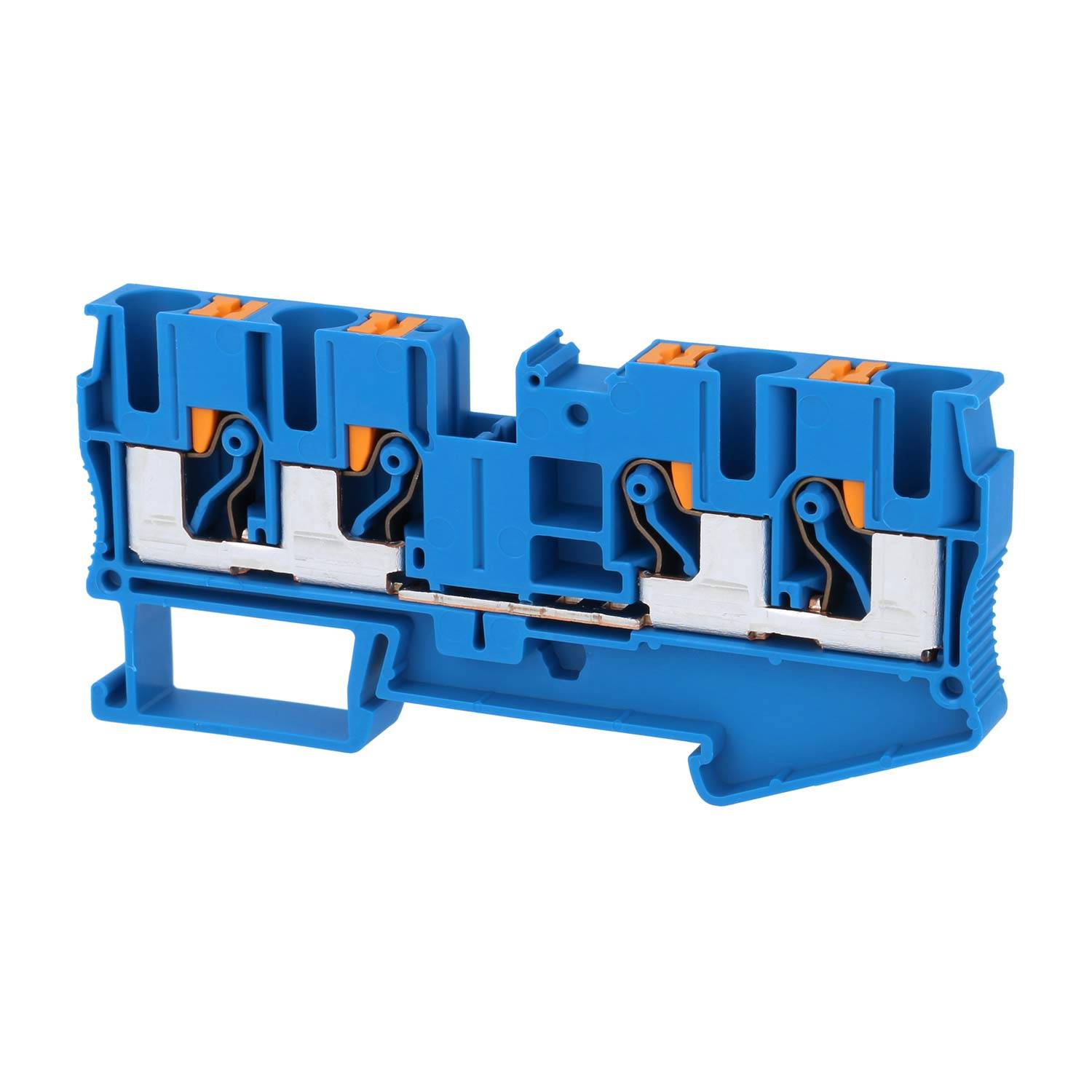 Ein blauer modularer Klemmblock mit orangefarbenen Hebeln, verwendet zum Verbinden von elektrischen Drähten, gezeigt vor einem weißen Hintergrund.