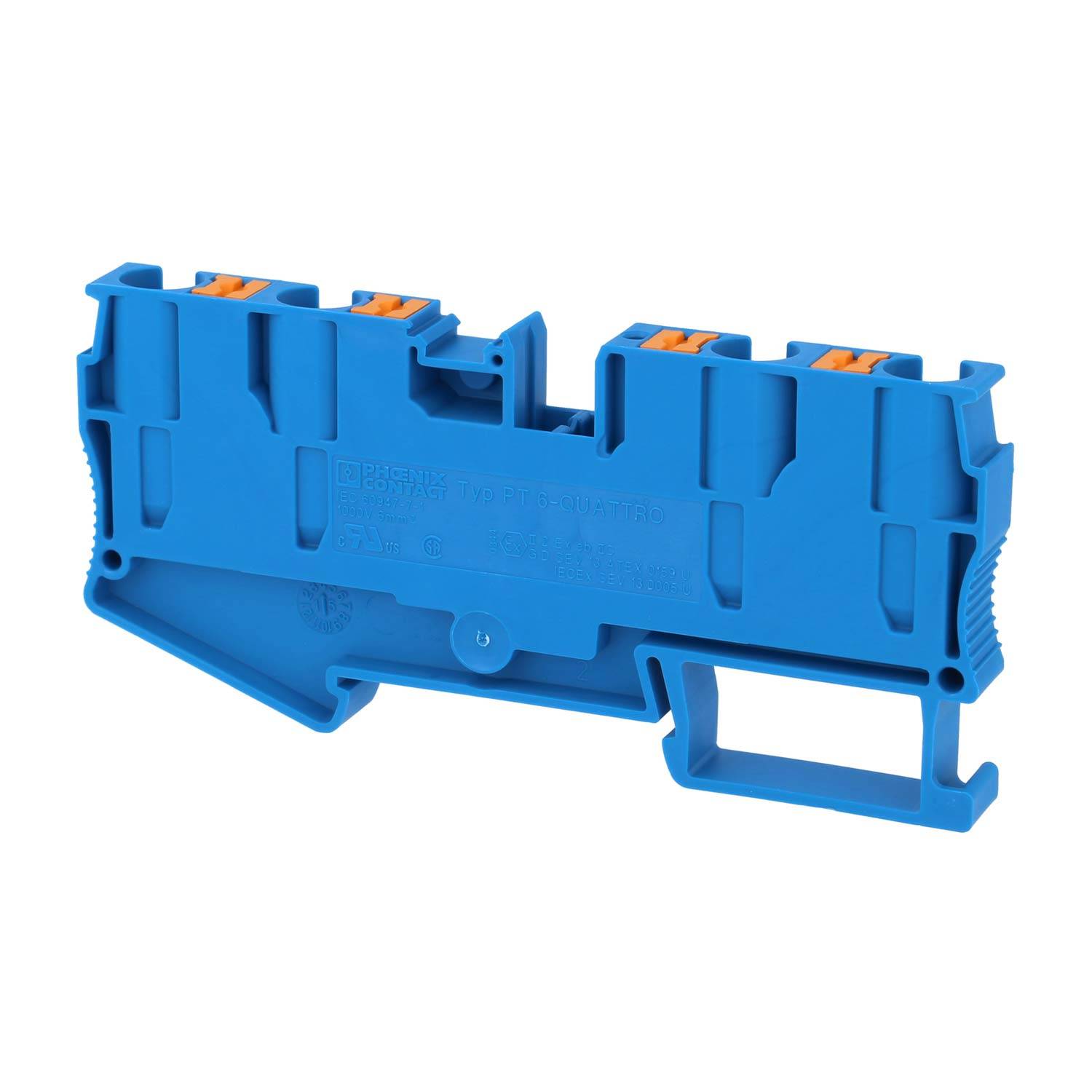 Ein blaues Kunststoff-Elektro-Klemmleistenblock mit orangefarbenen Steckverbindern, der ein modulares Design für Verdrahtungsanwendungen zeigt.