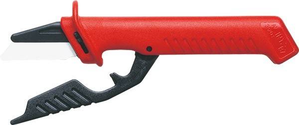 Eine Nahaufnahme eines roten Plastikwerkzeugs mit einem schwarzen Metallhaken und einem ergonomischen Griff, das zum Heben oder Sichern von Gegenständen entwickelt wurde.