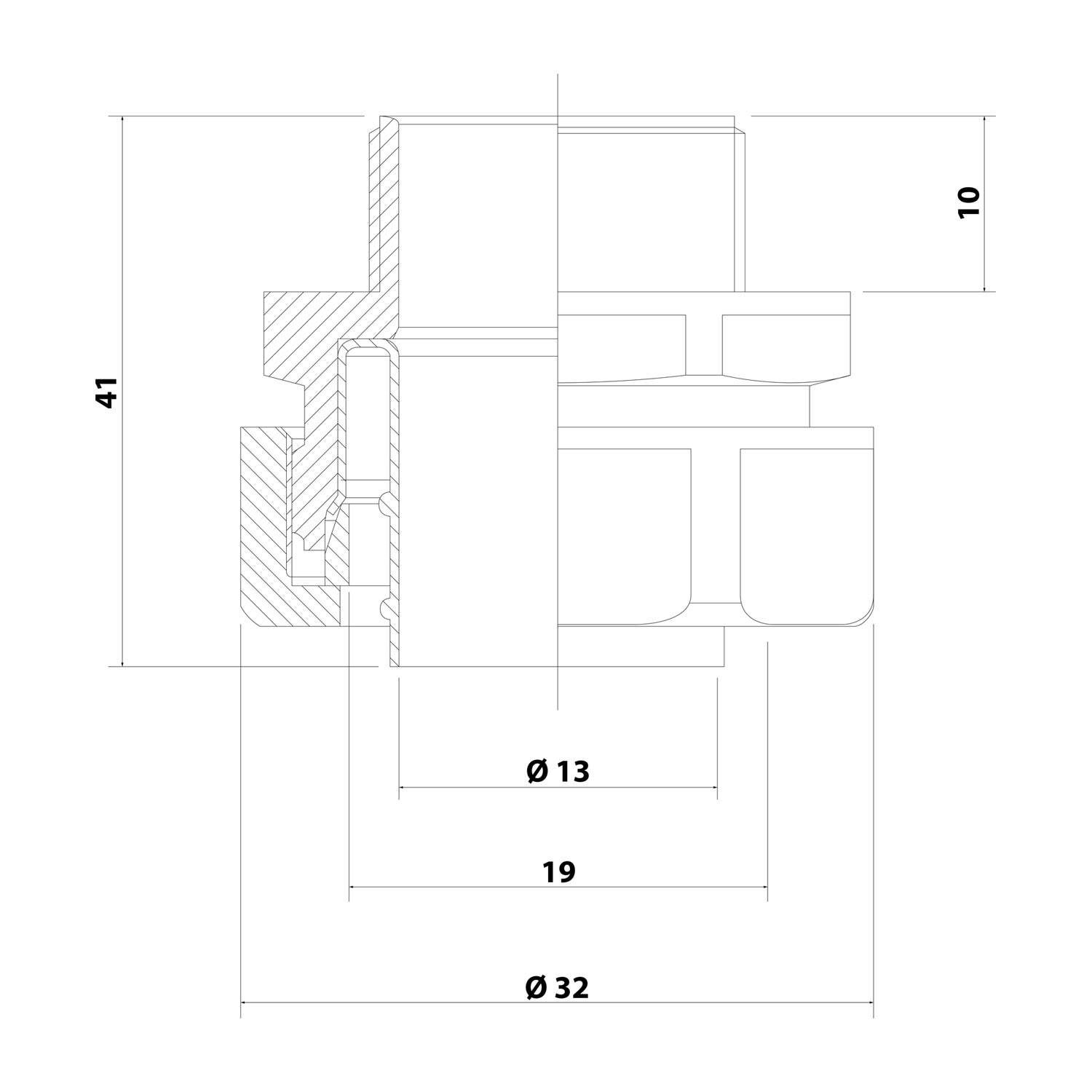 Technische Zeichnung einer mechanischen Komponente mit Abmessungen: 41 mm Höhe, 10 mm oberer Bereich, 19 mm Breite, 13 mm und 32 mm Durchmesserabschnitte.