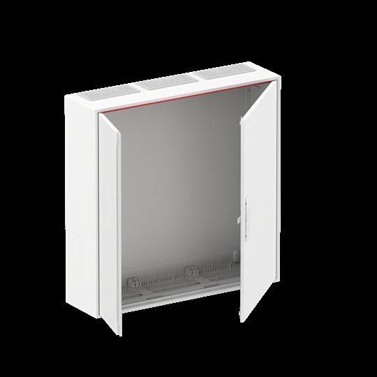 Eine weiße, leere Elektrotafel mit offenen Türen, die ein einfaches Innenleben zeigt, vor einem schwarzen Hintergrund.