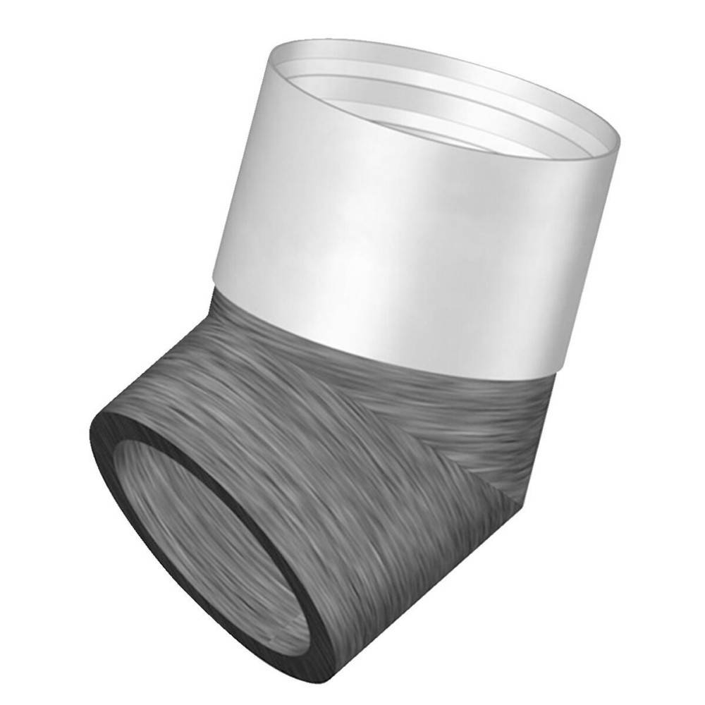 Illustration eines 45-Grad-HVAC-Rohrkrümmers mit glatter Metallober­fläche im oberen Bereich und isoliertem Unterbereich.