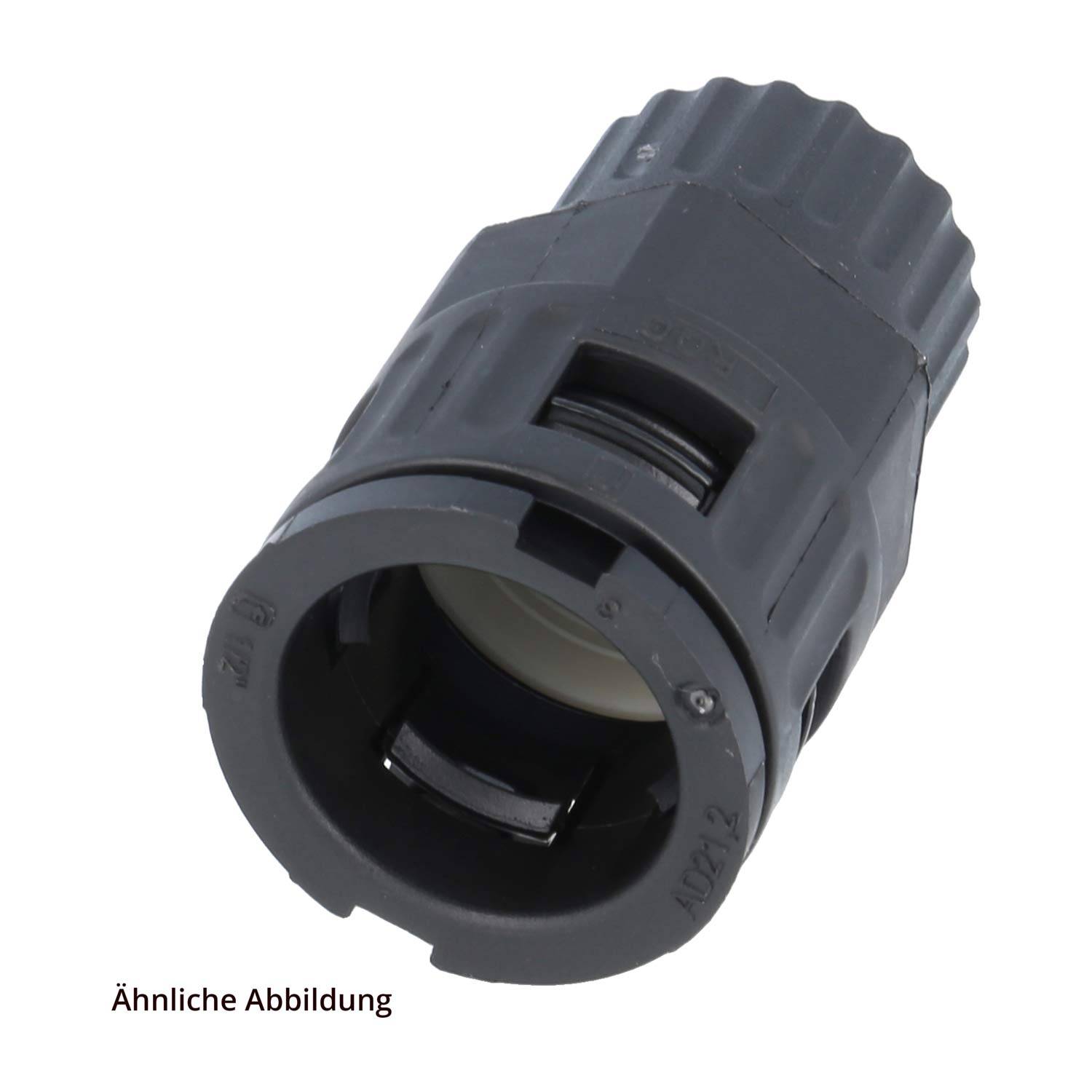 Ein schwarzer zylindrischer Stecker mit Rillen und einer hohlen Mitte, entwickelt für mechanische oder elektrische Verbindungen, gekennzeichnet als ähnliches Bild.