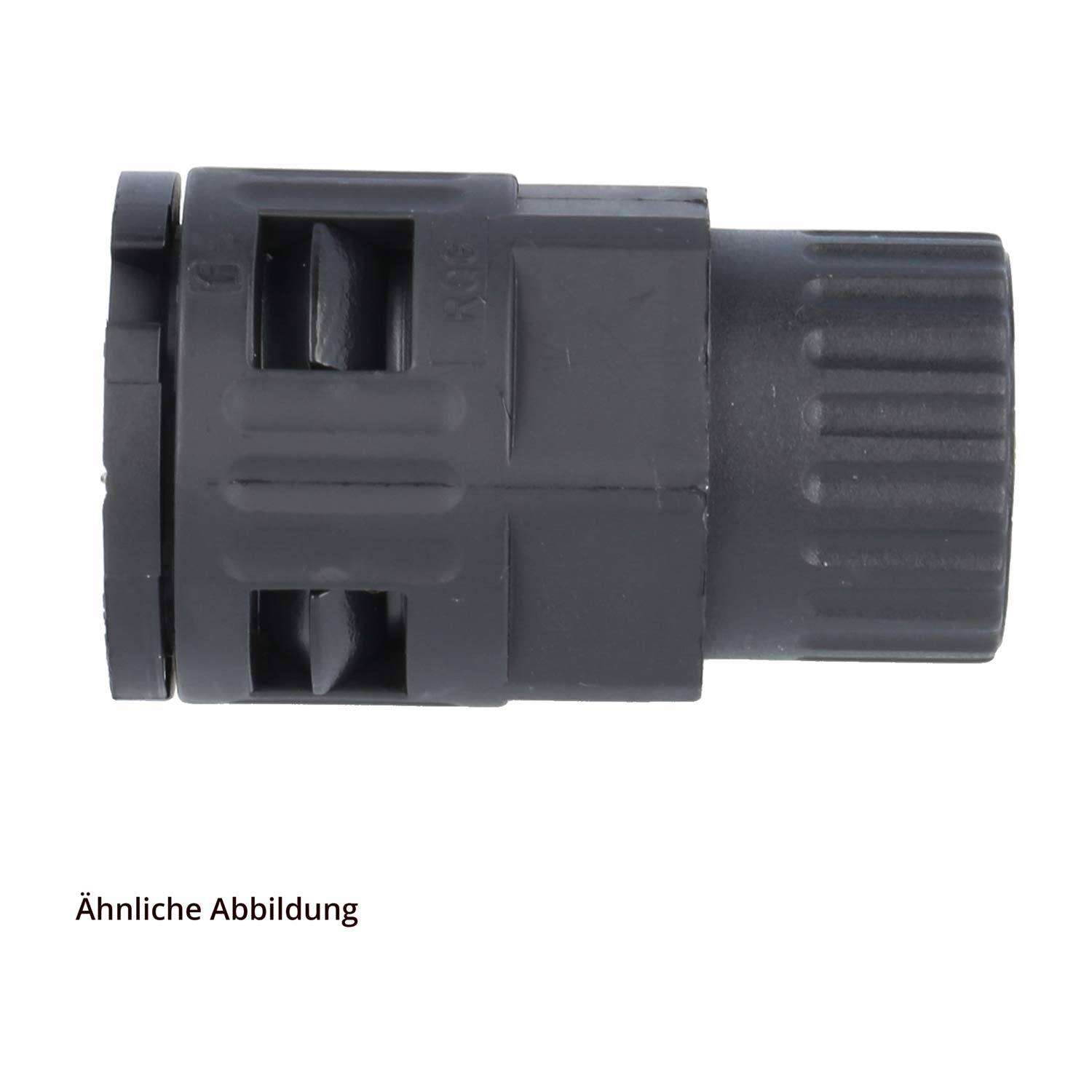Ein zylindrischer, dunkelgrauer mechanischer Verbinder, von der Seite dargestellt mit gerilltem Griff und lüftungsähnlichen Abschnitten. Der Text lautet „Ähnliche Abbildung".