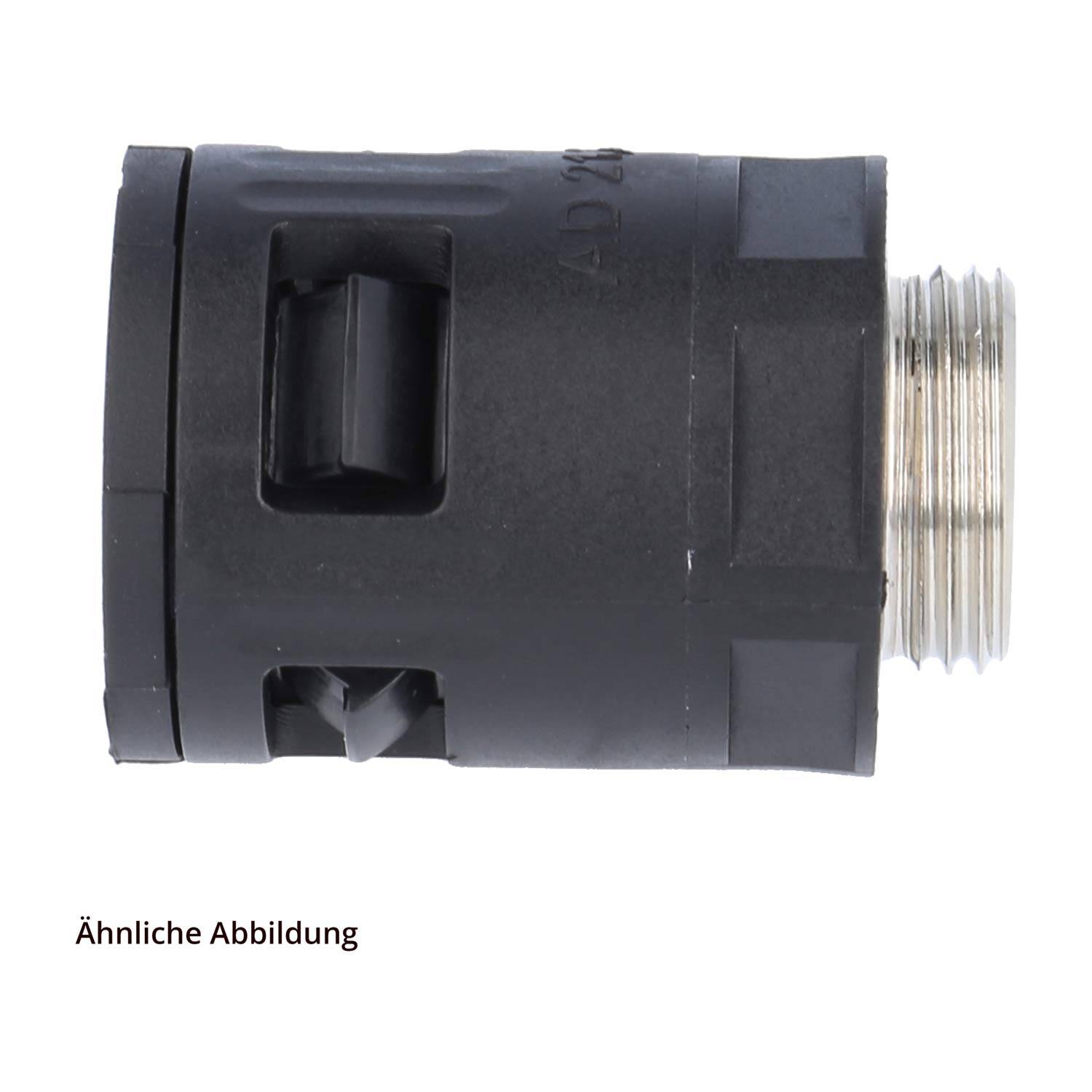 Ein schwarzer zylindrischer Stecker mit Metallgewinde an einem Ende, von der Seite gegen einen einfachen weißen Hintergrund gezeigt.