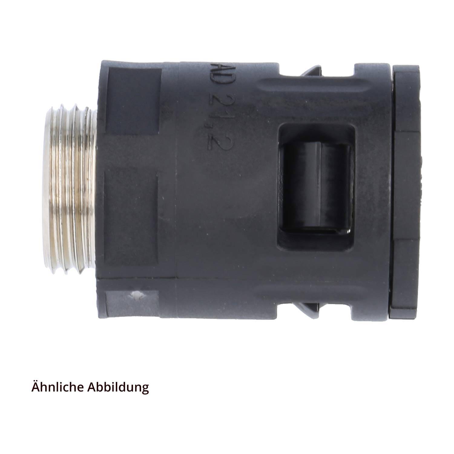 Ein schwarzer zylindrischer Stecker mit einem Gewindeabschnitt aus Metall an einem Ende.