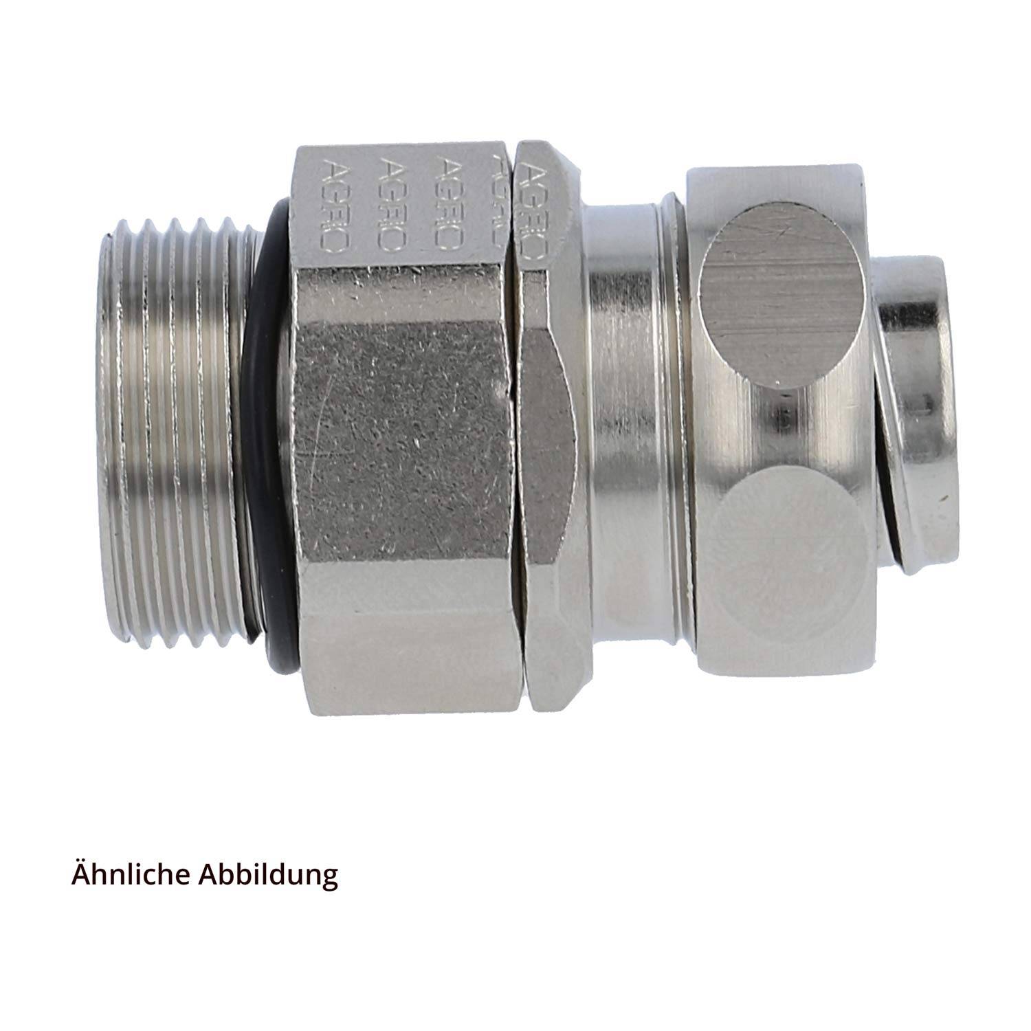 Metallische Kabeleinführung, zylindrisch mit sechskantmuttern, entwickelt zum Befestigen von Kabeln in Maschinen. Matte Oberfläche, verschiedene Gewindegrößen.