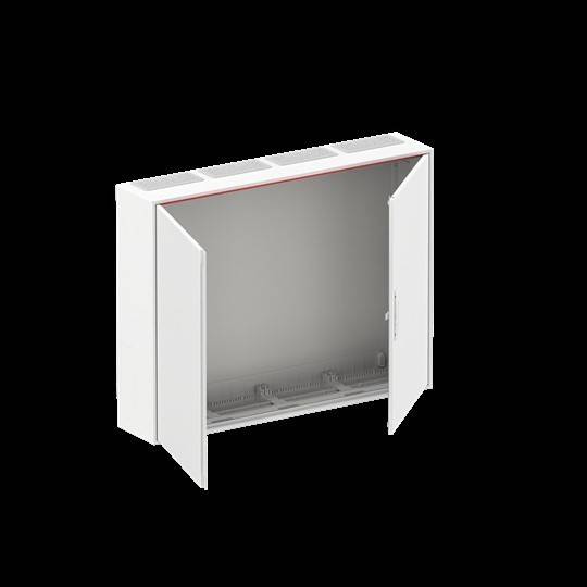 Eine weiße, wandmontierte rechteckige Metallschrank ist zu sehen, dessen Doppeltüren geöffnet sind und einen leeren Innenraum offenbaren.