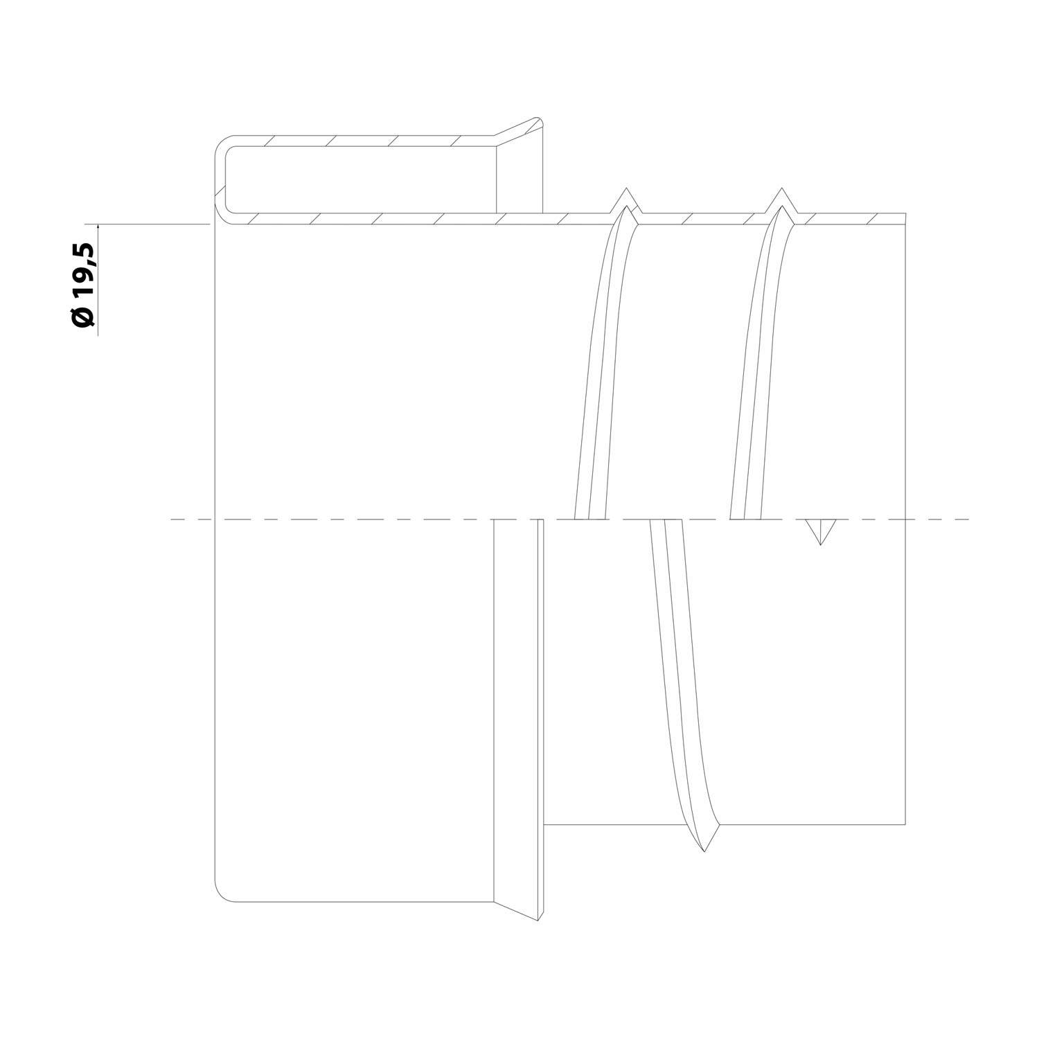 Technische Zeichnung eines Rohrabschnitts mit einem Durchmesser von 19,5 Einheiten, die einen detaillierten Querschnitt und die interne Struktur zeigt.