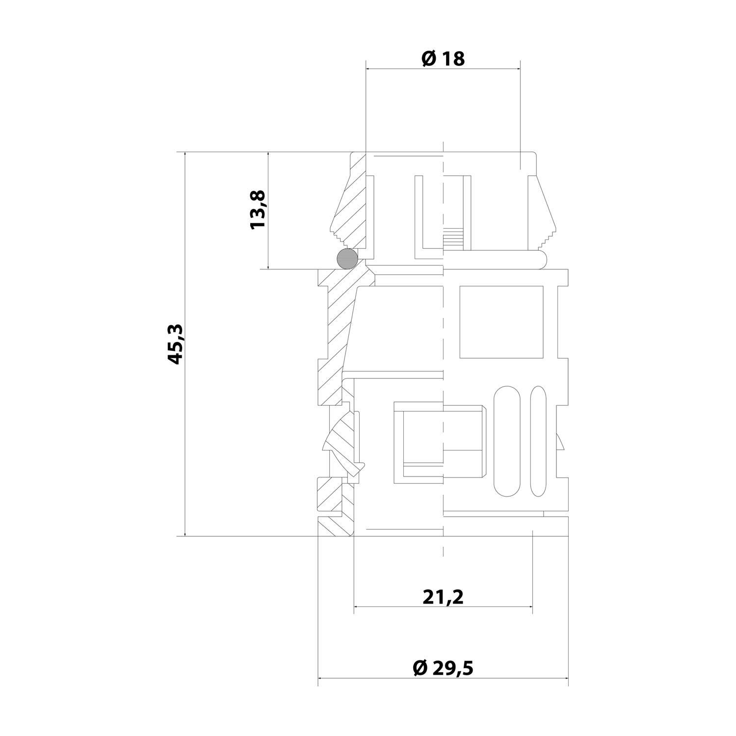 Technisches Diagramm eines zylindrischen mechanischen Bauteils mit einer Höhe von 45,3 mm und Durchmessern von 18 mm (oben) und 29,5 mm (unten).