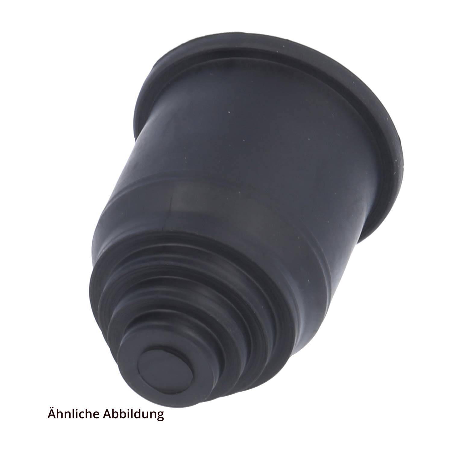 Eine schwarze Gummikappe mit einer gerippten, konischen Form und einer flachen Grundfläche, die zu Abdichtungszwecken verwendet wird. Der Text lautet 