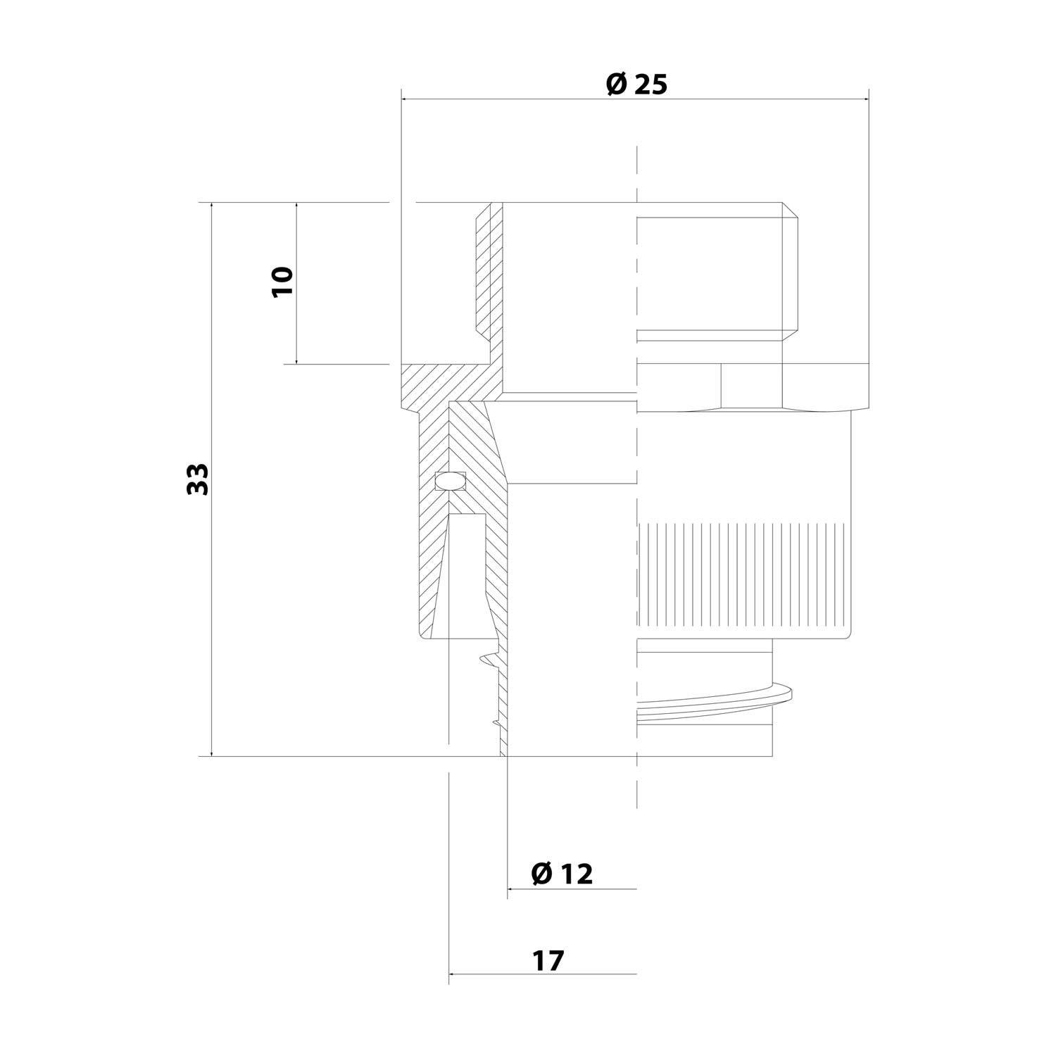 Technische Zeichnung eines mechanischen Teils mit Abmessungen: 33 mm Höhe, 25 mm Durchmesser oben, 12 mm Durchmesser unten, 10 mm Breite.